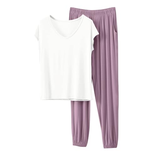Image of HGps8w Women's Modal Soft Summer Pajamas Sets, Loose V Neck Short Sleeve Top Joggers Pants Matching 2 Piece Lounge Outfits