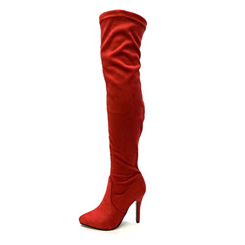 Angkorly - Zapatillas Moda Botas Altas Cavalier Stiletto Sexy Mujer básicau00a0 Tacón de Aguja Alto 11 CM - Rojo MXX911 T 39