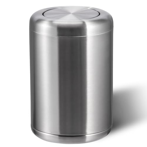 Image of BRIEFHUMAN Waste Can 3 Gallon with Swing Lid，Brushed Stainless Steel Trash Can，Metal Cylindrical Garbage Can，Brass Wastebasket Bin for Bathroom,LivingRoom,Office,Kitchen,Bedroom,Hotel (Sliver)