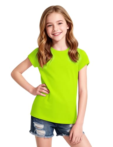 NUMYEAN Girls Short Sleeve T-Shirts Crewneck Neon Shirts for Girl Tee Tops Clothes Neon Green Size 9-10 Y
