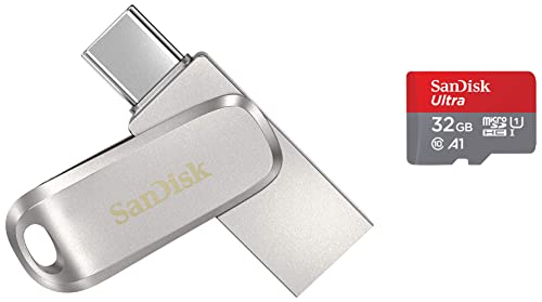 Image of SanDisk 64GB Ultra Dual Drive Luxe Type USB C Flash Drive (5Y - SDDDC4-064G-I35, Silver) & Ultra microSD UHS-I Card 32GB, 120MB /s R