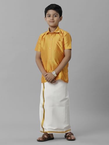 Image of RAMRAJ COTTON Boys Silk Cotton Shirt With Adjustable Cream Dhoti Perfect For Ceremonies| Festivals| And Special Occasions