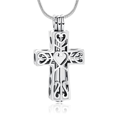 QGJNSGC Urn Necklaces for Ashes Cross Cremation Jewelry for Ashes Memorial Ash Pendant with Hollow Keepsake Jewelry Gifts for Loss of Loved One with Funnel Filler Kit (Silver)
