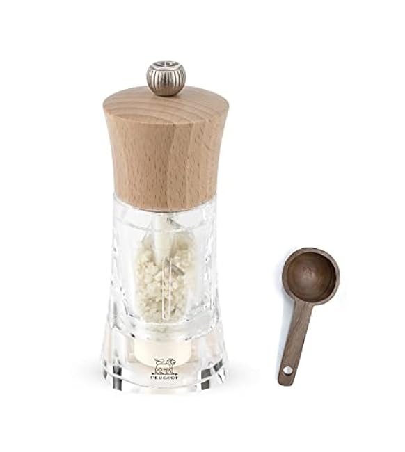 Peugeot - Oleron Manual Mill Zirlion Wet Sea Salt Mill - Transparent Adjustable Grinder - Acrylic and Beechwood, Natural, 5.5 Inches - With Wooden Spice Scoop Spoon