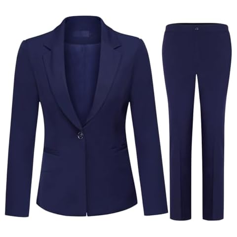 YUNCLOS Women's 2 Piece Office Lady Business Suit Set Slim Fit Blazer Pant Navy Blue Cover