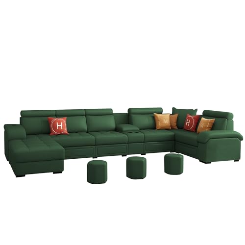 Image of Casaliving Emerson Modern U-Shaped Sectional Sofa Set 9 Seater, Sofa Couch with 3 Puffy for Hall (Green Colour) Premium Leatherette Fabric Sofa