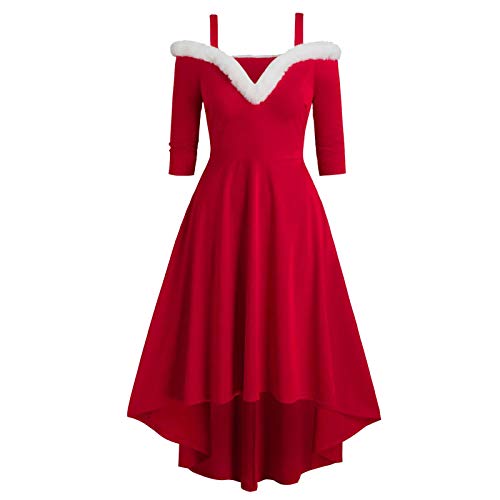 Lazzboy Store Weihnachtenkleid Damen Kleider Camisole Vintage Santa Weihnachten Bedrucktes Kleid Halbarm Herbstkleid Party Kostüm Miss Claus Langarm Weihnachtskleider Midi (Rot,5XL) Cover