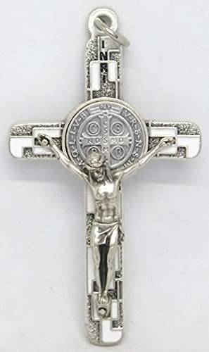 GTBITALY Cruz de San Benito plata con esmalte mosaico con anillo 8 cm exorcista exorcismo blanco