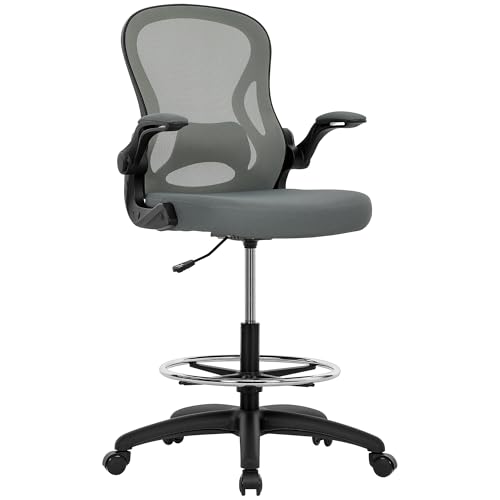 Vinsetto Drafting Chair, Ergonomic Tall Office Chair with Flip-up Armrests, Mesh Back, Lumbar Support, Adjustable Height and Foot Ring, Swivel Wheels, for Standing Desk, Charcoal Grey
