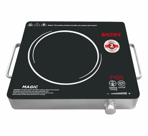 Image of BALTRA Magic 2400 W Infrared Induction Cooktop with Free Stainless Steel Grill for barbecue | Auto Shut Off & Overheat Protection Multi Power Level Function, Digital Display (Black, Touch Control)