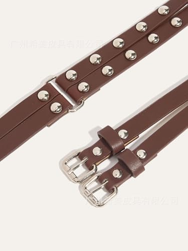 Fashion Womens Double Two Hole Buckle Studded Waist Belts Soft Brown Trendy Punk For Dresses Jeans Ladies Pants4