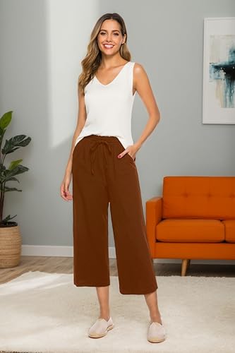 Image of LNX Womens Linen Capri Pants Wide Leg High Waisted Drawstring Casual Cropped Pants with Pockets