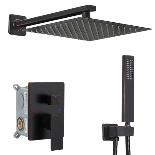 Image of Shower Faucet Set Complete, Wall Mount Shower System for Bathroom 12 Inch High-Pressure Rainfall Shower with Handheld, Rough-in Valve Body and Trim Kit, Oil Rubbed Bronze