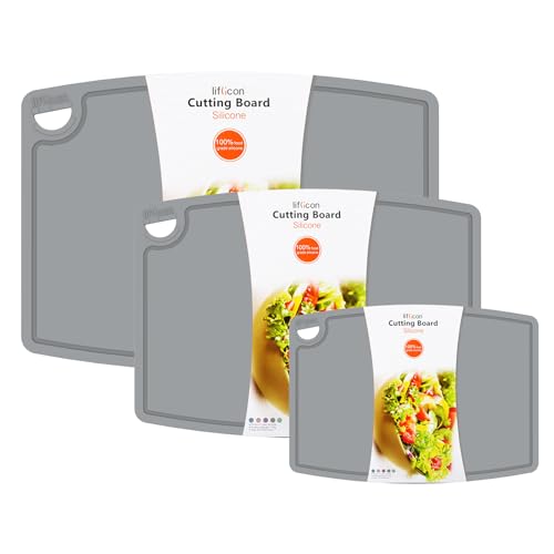 Comparison: Best Silicone Cutting Board 4 Liflicon Silicone Thick Cutting Boards Mats Set of 3 Foldable & Flexible Design Juice Grooves Easy Grip Handle Dishwasher Safe for Kitchen,BPA free Silicone Cutting Board-Gray