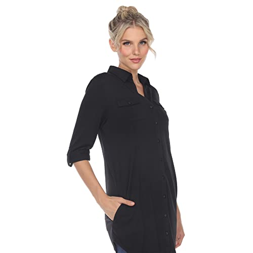 White Mark Women's Stretchy Button-Down Tunic Top With Side Pockets And Roll Tab Sleeves Black #TOP4