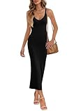 MEROKEETY Womens Summer Bodycon Knit Midi Dress 2026 Spring Beach Vacation V Neck Casual Sleeveless Ribbed Sweater Dresses,Black,L