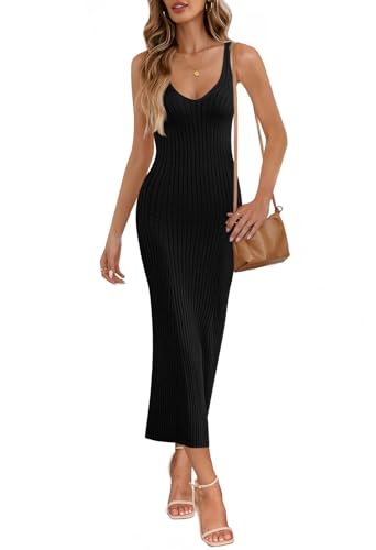 MEROKEETY Womens 2025 Summer V Neck Knit Midi Dress Bodycon Casual Sleeveless Ribbed Party Sweater Dresses,Black,S