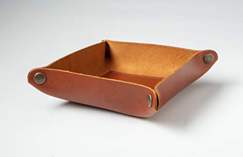 Usa Made Premium Leather Valet Tray, Folds Flat! Little Buddy Dice Rolling Basket And Organizer With Brass Snaps - Reinforced Felt Bottom - For Keys, Jewelry, Coin, Edc, Watch Storage Caddy - Chestnut #TOP6