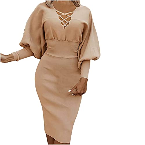 Women's Cross Straps V-Neck Solid Dress Puff Sleeve High Waist Bag Hip Mid-Length Dress Party Prom Ball Gown