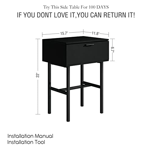 Masupu Nightstand,Mid-Century Modern Bedside Table With Drawer,Small End Table For Bedroom,Living Room,Classic Black #TOP1