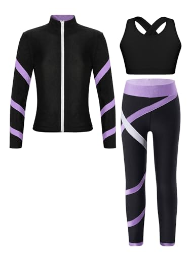 Hansber Kids Girls 3Pcs Sports Outfit Crop Top with Athletic Leggings Zipper Jacket Tracksuit Gym Yoga Running Workout Set