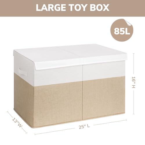 INDRESSME 25\"x13\"x16\" Toy Box Toy Storage Organizer with Lid Collapsible Sturdy Toy Chest, Foldable Toy Bin for Living Room, Playroom, Bedroom, Toy Baskets Storage Kids, Boys, Girls (Beige & White)