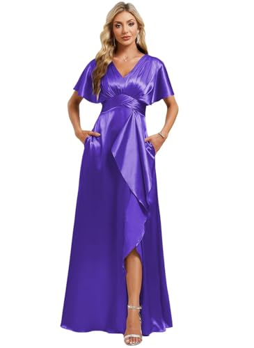 Image of Elegant Satin Bridesmaid Dress with Sleeves Ruffles High Silt Formal Dresses Long for Women Fall DIN022