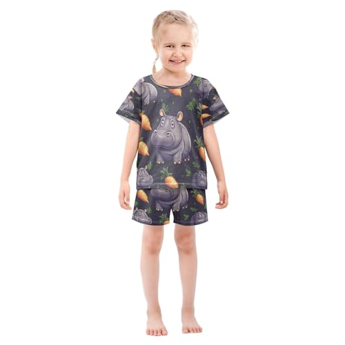 Pajama Sets Short Sleeve Hippo Carrot Pattern Soft Cotton Summer Sleepwear 2 Piece PJS Size 5-14T4