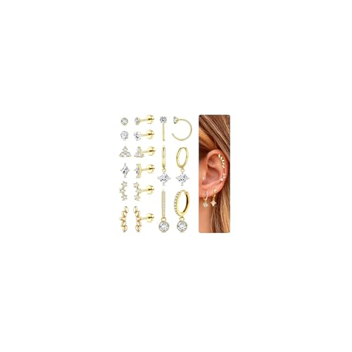 Hypoallergenic Gold Huggie Hoop Earrings Flat Back Earrings for Women Men Stainless Steel Cartilage Hoop Stud Earring Set for Multiple Piercing Small Flatback Tragus Helix Piercing Jewelry for Sensitive Ears
