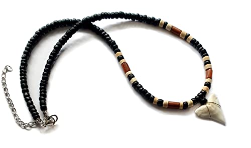 Genuine Mako Shark Tooth Beads Surfer Necklace For Men Women Boy Girl A Handmade Boho Bohemian Jewelry Ga390, Black & White #TOP4