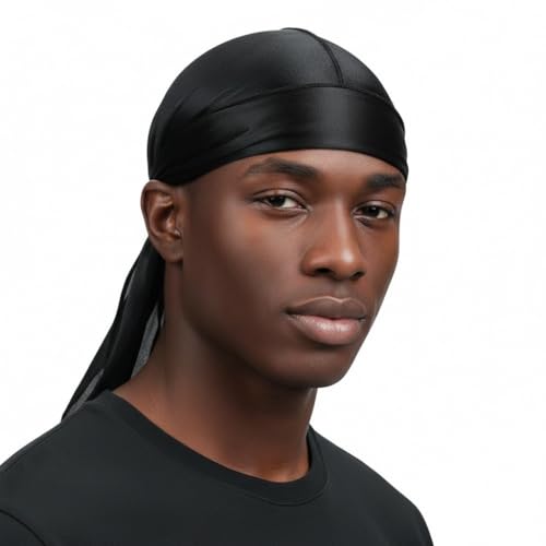 Black Silky Satin Durags for Men Women Durag Silk Satin Du Rags Long Tail Do Rag Cap Designer Doo Rags Cap Headwrap for Waves