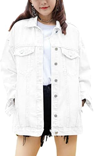 QIBABU Women Mid Long Denim Jacket Trucker Biker Oversized Distressed Jean Jackets (0855-White-XXL-QB)
