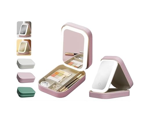 YUANHAILI Portable LED Makeup Bag with Adjustable Light-Up Mirror - Three-Color Lighting | Dust-Proof Cosmetic Case with Multi-Compartment Storage and Jewelry Organizer (Pink)