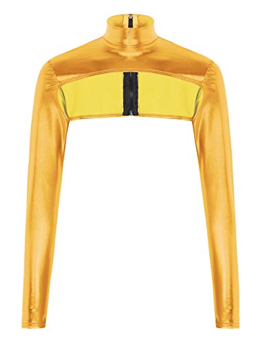 CHICTRY Damen Metallic Bluse Crop Top Bauchfreie Oberteile Tank Top Langarm Shirt Hemd mit Reißverschluss Clubwear Party Rave Outfits Gold One Size Cover