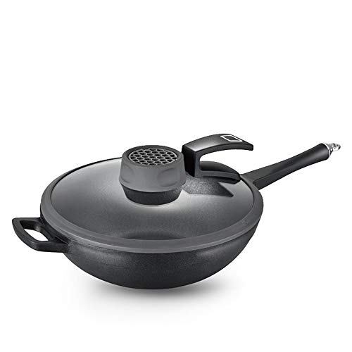 yaunli Wok Wok - Wok de fondo plano 32 (antiadherente, sin humo, de alta gama, universal, antiadherente, acero inoxidable, color: aluminio, tama�o: 32 x 9,5 cm)