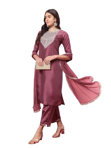 Image of VredeVogel Women's Silk Blend Kurta Trouser With Dupatta Set With Nazmin Lace Border Design