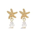 RIXERKOC Seestern Muschel Ohrringe für Damen, 14K Gold Seestern Ohrringe mit Perle Tropischer Strand Ozean Ohrschmuck Sommerurlaub Strand Schmuck Geschenke (B)