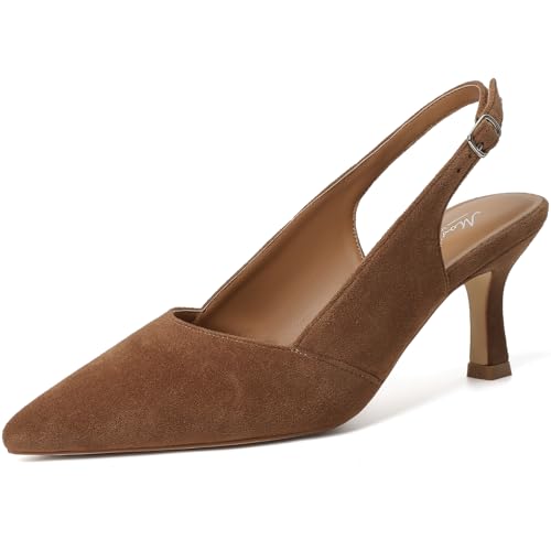 Mostrin Brown Kitten Heels for Women Suede Slingback Pointed Closed Toe Heels Womens Pumps Shoes for Wedding, Party, Commuting Size 7.5
