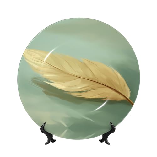 PHAYAH Plato decorativo de porcelana de hueso con soporte, patrón de hojas amarillentas para oficina, cocina, mesa, decoración para colgar en la pared, 10 pulgadas