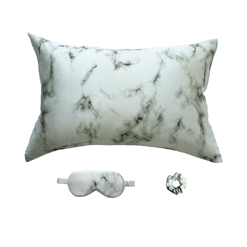 MOONLIGHT Silk Sleep Beauty Set 100% Seda de Morera, 22 Momme, 50x75 cm - Funda de Almohada | Antifaz para Dormir | Coletero - Grado 6A, Oeko-Tex Piel hidratada y sin Arrugas (Mármol Atemporal)