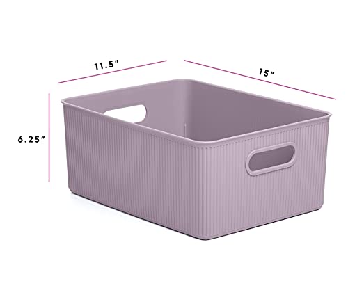 Superio Ribbed Collection - Decorative Plastic Lidded Home Storage Bins Organizer Baskets, Large Lilac Purple (1 Pack - 15 Liter) Stackable Container Box, For Organizing Closet Shelves Drawer Shelf #TOP3