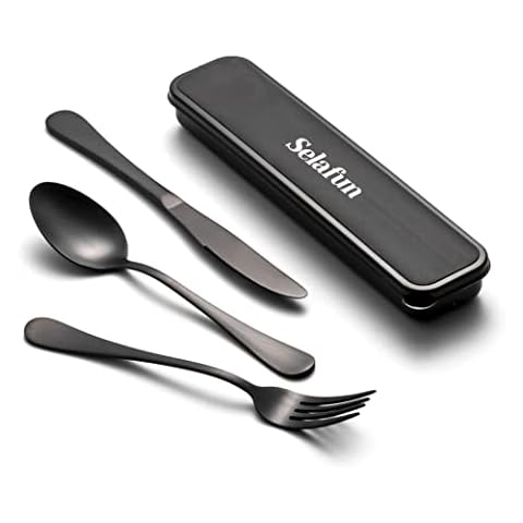 Selafun 4-pieces Travel Set with Case Portable Silverware Utensils Set for work, Stainless Steel Reusable Flatware Set Cutlery Set for Camping Picnic Hiking Office (8inch, Matte Black) Cover