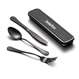 Selafun 4-pieces Travel Set with Case Portable Silverware Utensils Set for work, Stainless Steel Reusable Flatware Set Cutlery Set for Camping Picnic Hiking Office (8inch, Matte Black)