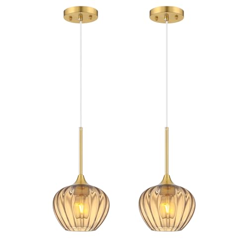 Mgcanyu 2-Pack Amber Glass Pendant Lights for Kitchen Island, 7" Modern Pendant Lighting Vintage Gold Light Fixtures Adjustable Hanging Light for Kitchen, Dining Room, Bar, Bathroom