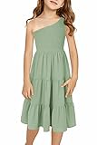 blibean Girl Summer Dress Cold One Shoulder Solid Sundress Kid Bobo Beach Smocked Sleeveless Sun Dress Tween Casual Fancy Clothes Flowy Swing Outfit Size 6-7 Years Old Sage Green