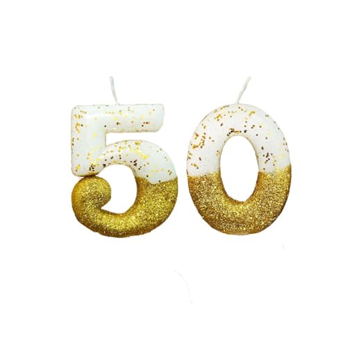 Image of Wanna Party Gold Glitter Number 50 Birthday Candle - Elegant Gold & White Cake Topper for 50th Birthday Party, Sparkling Double Digit Cake Decoration