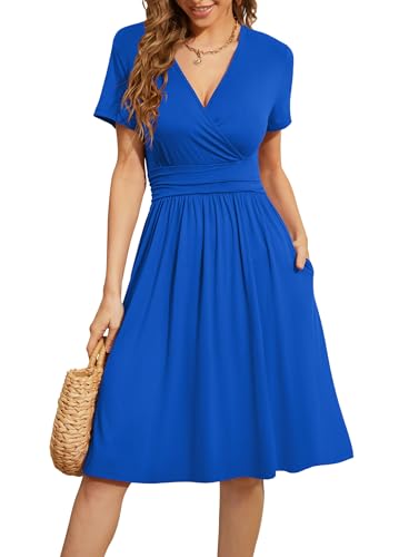 Image of WEACZZY Women's Summer Short Sleeve Casual Dresses V-Neck Floral Party Dress with Pockets