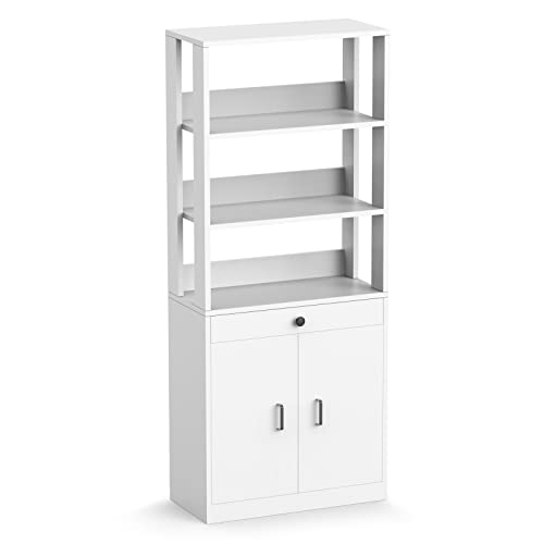 Mostmahes Industrial Tall Bookshelf With Drawers Book Storage Cabinet, White Bookcase With Doors, Open Book Shelf With 3 Tiers Bookshelves For Bedroom, Home Office, Living Room #TOP22