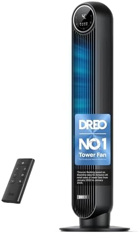 DREO 20dB Silent Tower Fan, 28 ft/s Velocity Electric Cooling Fan...