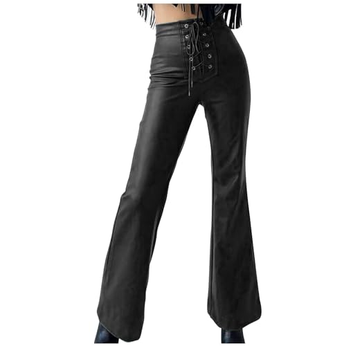 NATHGAM Womens Faux Leather Pants Lace Up Front Flare Pants High Waisted Straight Leg Bell Bottom PU Slim Leather Skinny Pant